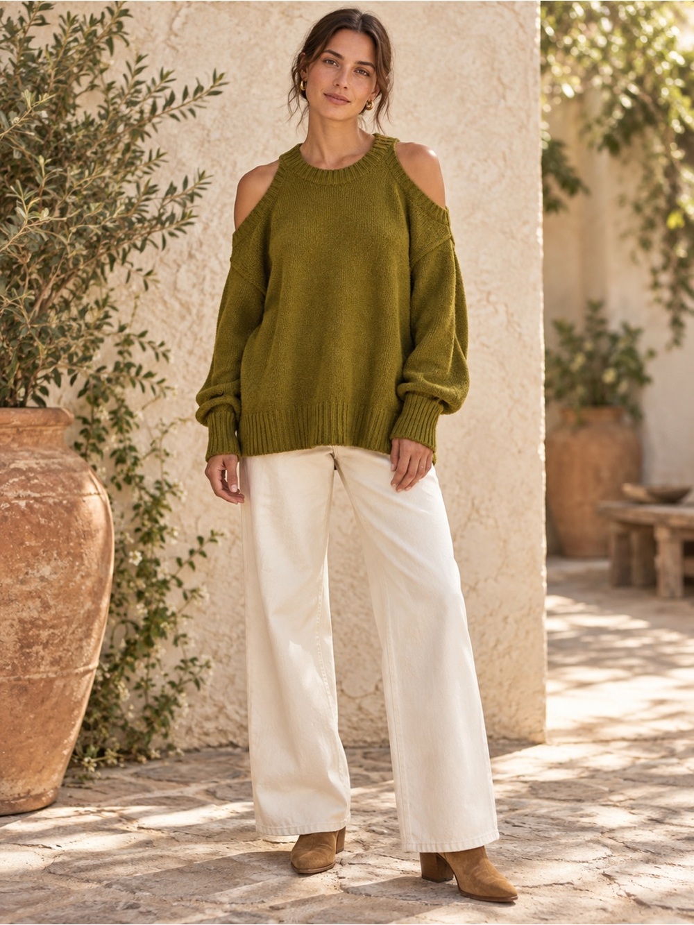 By Anthropologie Cold-Shoulder Olive Green Women's Sweater butter soft
